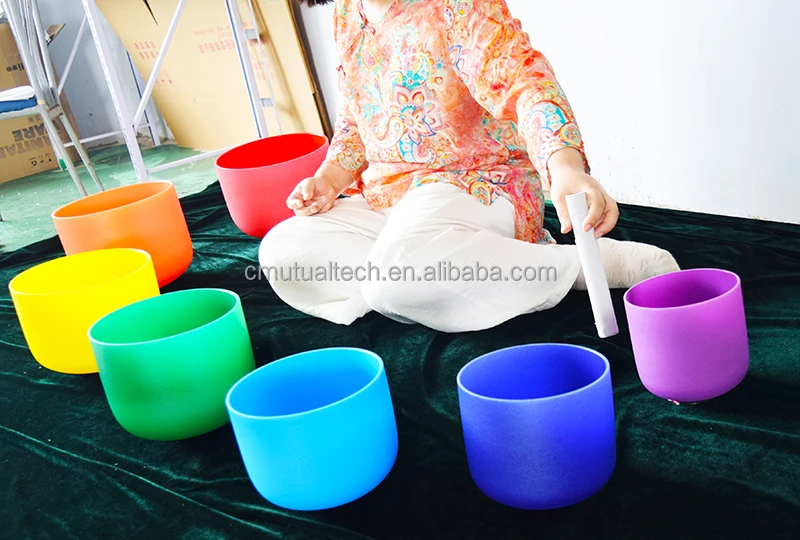 free mallets Chakra Singing Bowl Set  432 HZ double side color  7pcs of 6-12inch Crystal Singing Bowls