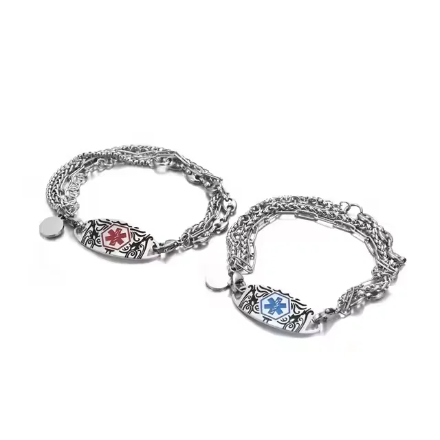 Stainless Steel Silver Engraved Charm Medical Bracelet 3 Layered Chain Combined Double Clasp Detachable ID Bracelet For Man