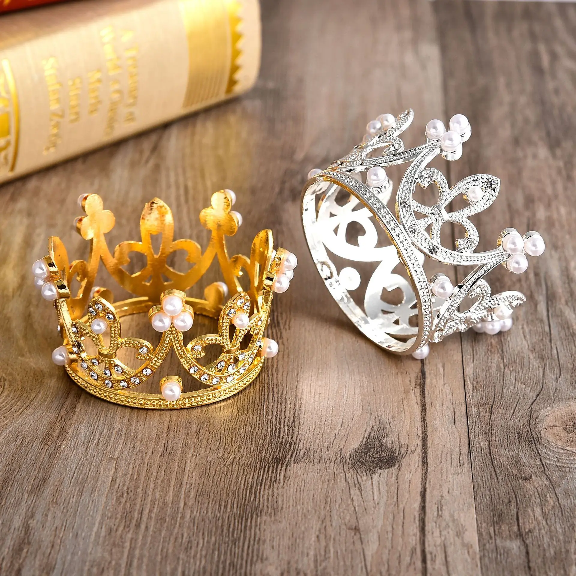 Tondo Mini  Birthday Cake Topper Decoration Crown Pearl Tiara Children Princess Birthday Party Headdress Crown