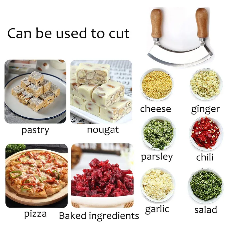 Modern Double Blade Chopping Knife Pizza Cutter Rocker Knife Mezzaluna Wood Cutting Board Knife and Round Cutting Board