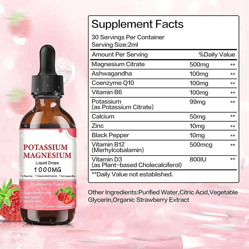 Hot Selling Supplement Potassium Magnesium Drops and Strawberry Flavored Drops for Calm Bone Muscle Immune Health