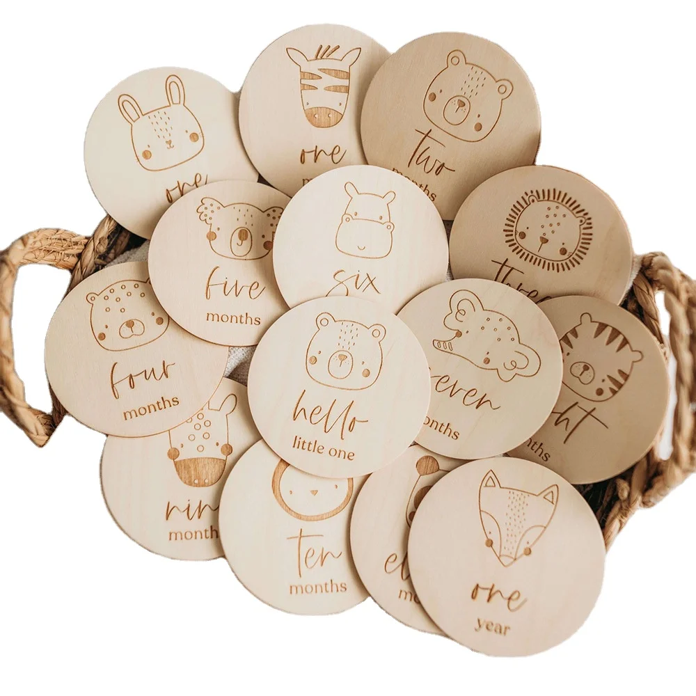 16 Pcs Folk Art Style DIY Laser Cut Plywood Board Poplar Wood Baby Milestone Plaque for Photo