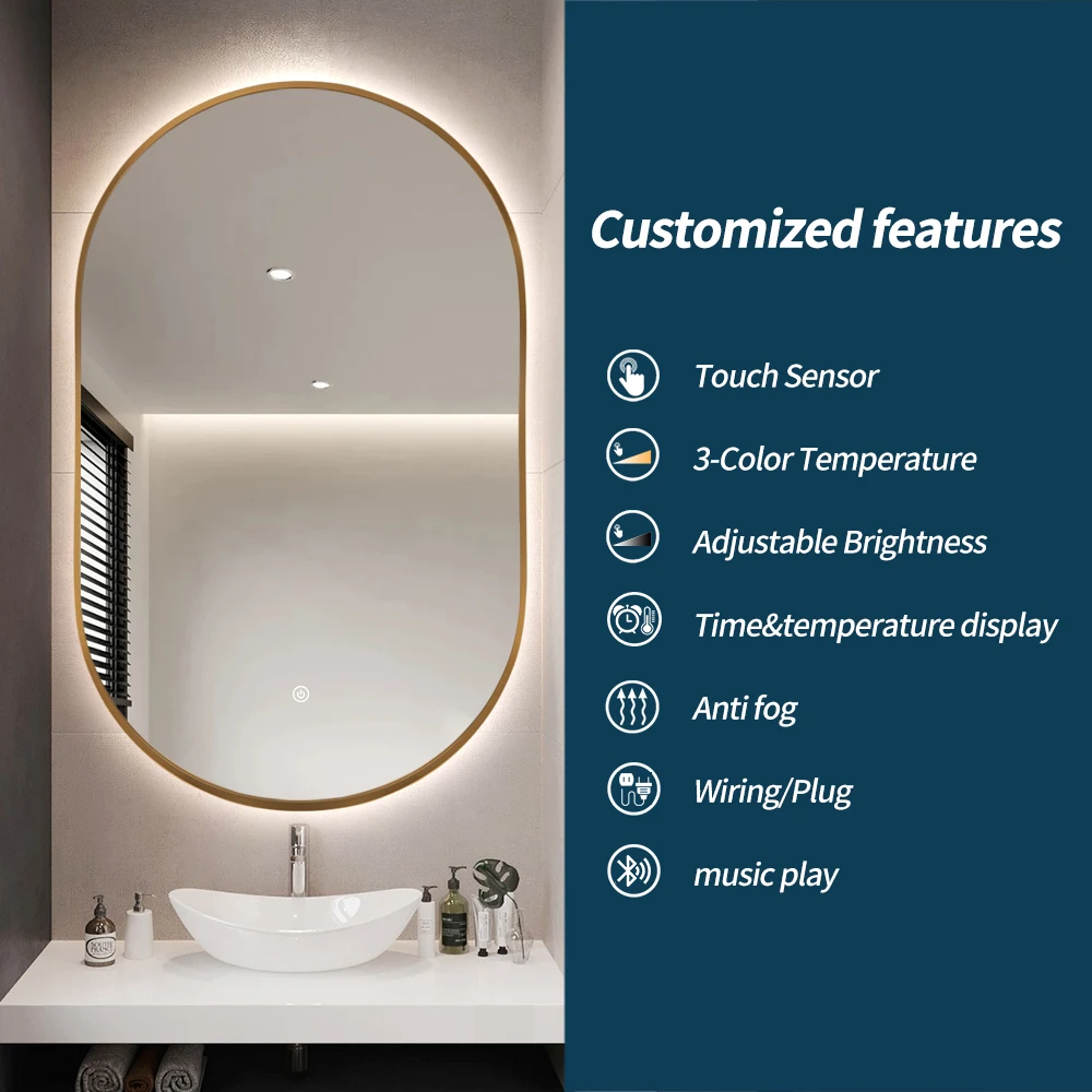 Factory Oval Gold Aluminum Frame Hair Salon Mirror Illuminated Touch Screen Led Bath Smart Mirrors For Bathroom