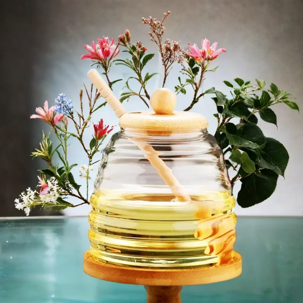 Home Glass Jar Clear Lead Free High Borosilicate Heat Resistant Handmade Glass Honey Canister With Wooden Lids And Stick Dipper