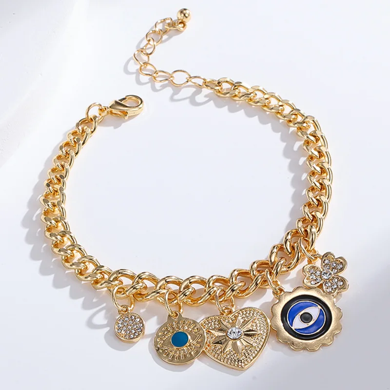 18k Gold Plated Luxury Bracelet Alloy Blue Eye Chain & Link Bracelets Crystal Diamond Women Cuff Chain Ladies Fashion Jewelry