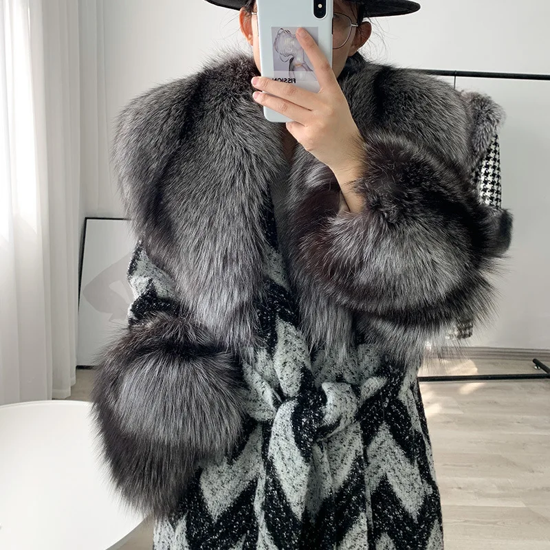 Fox fur coat women long thousand bird check woolen overcoat fashion style