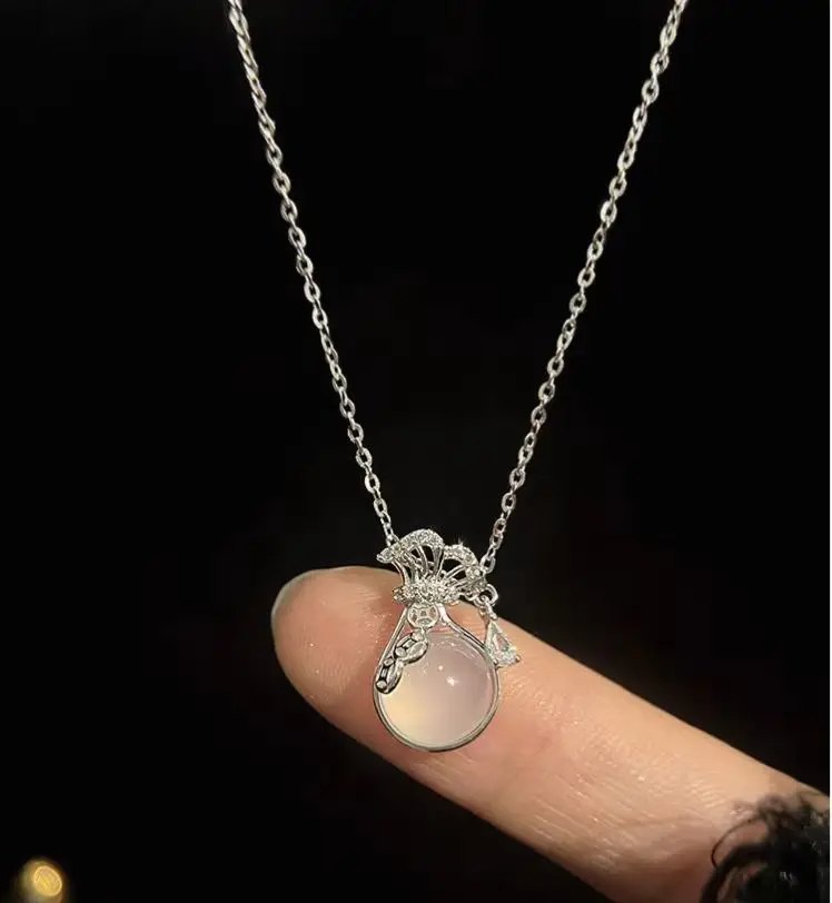 2024 New 925 Silver Material High end Design Round Zircon Lucky Bag Pendant Silver Necklace