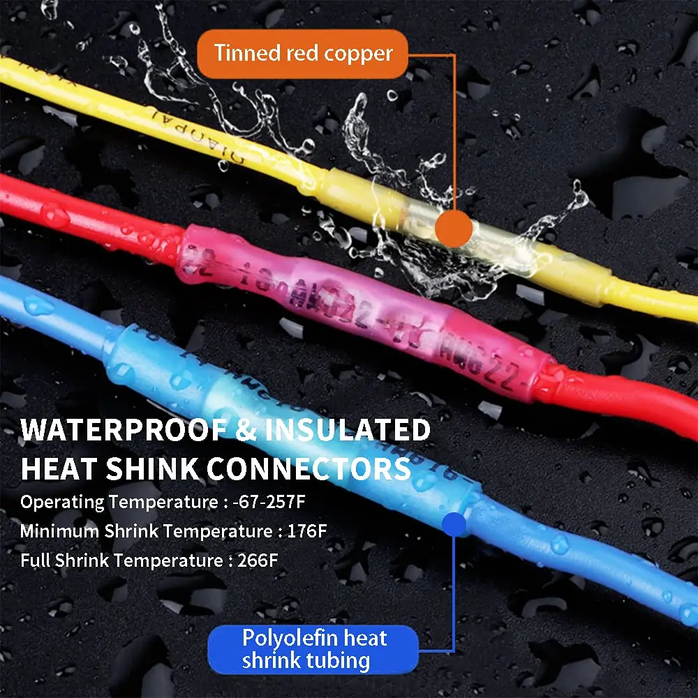 Красные термоусадочные стыковые соединители, 22-16 AWG, изолированные обжимные соединители для проводов, водонепроницаемый электрический соединитель, 100 шт.
