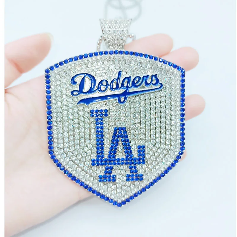 Silver Los Angeles Dodgers Pendant Baseball  Necklaces for Men Jewelry Custom Blue Letter Rhinestone Necklace