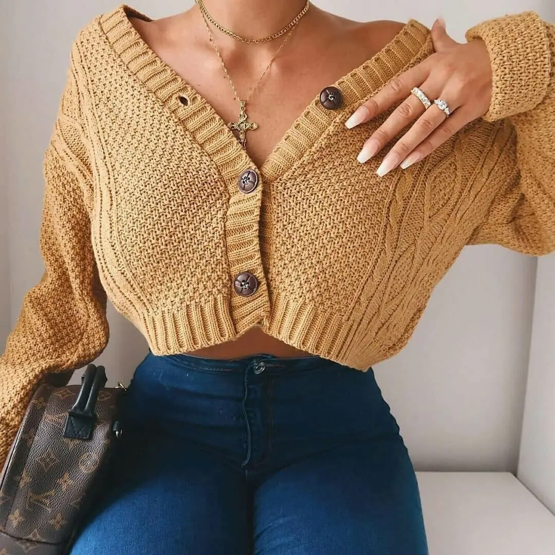 New Style Mujer Knitting Crop Tops Girls Fashionable Loose Sexy Acrylic With button Knit Cardigan For  Women