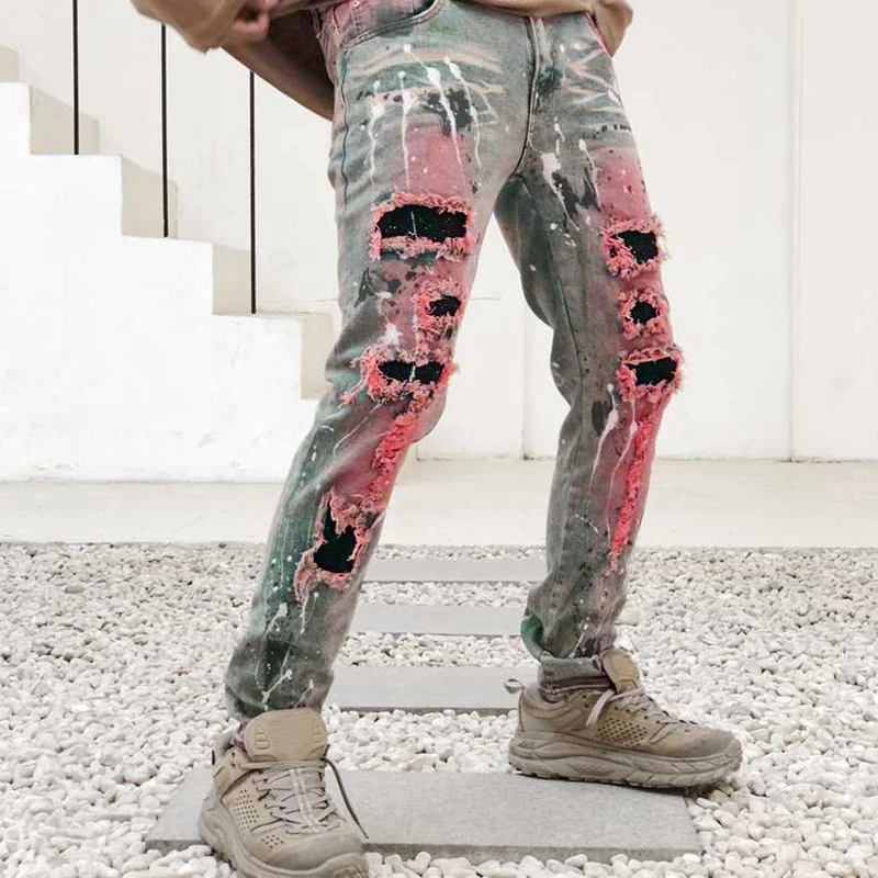 DIZNEW High quality High Street Hot Drill Splash-ink slim Fit denim Jeans for Men 2023 Designer ripped patch stretch skinny jean