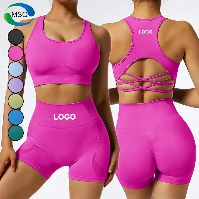 Fitness Sportswear Cross Back Bra High Waist No T Line Leggings 2 Piece Set Women Yoga Set