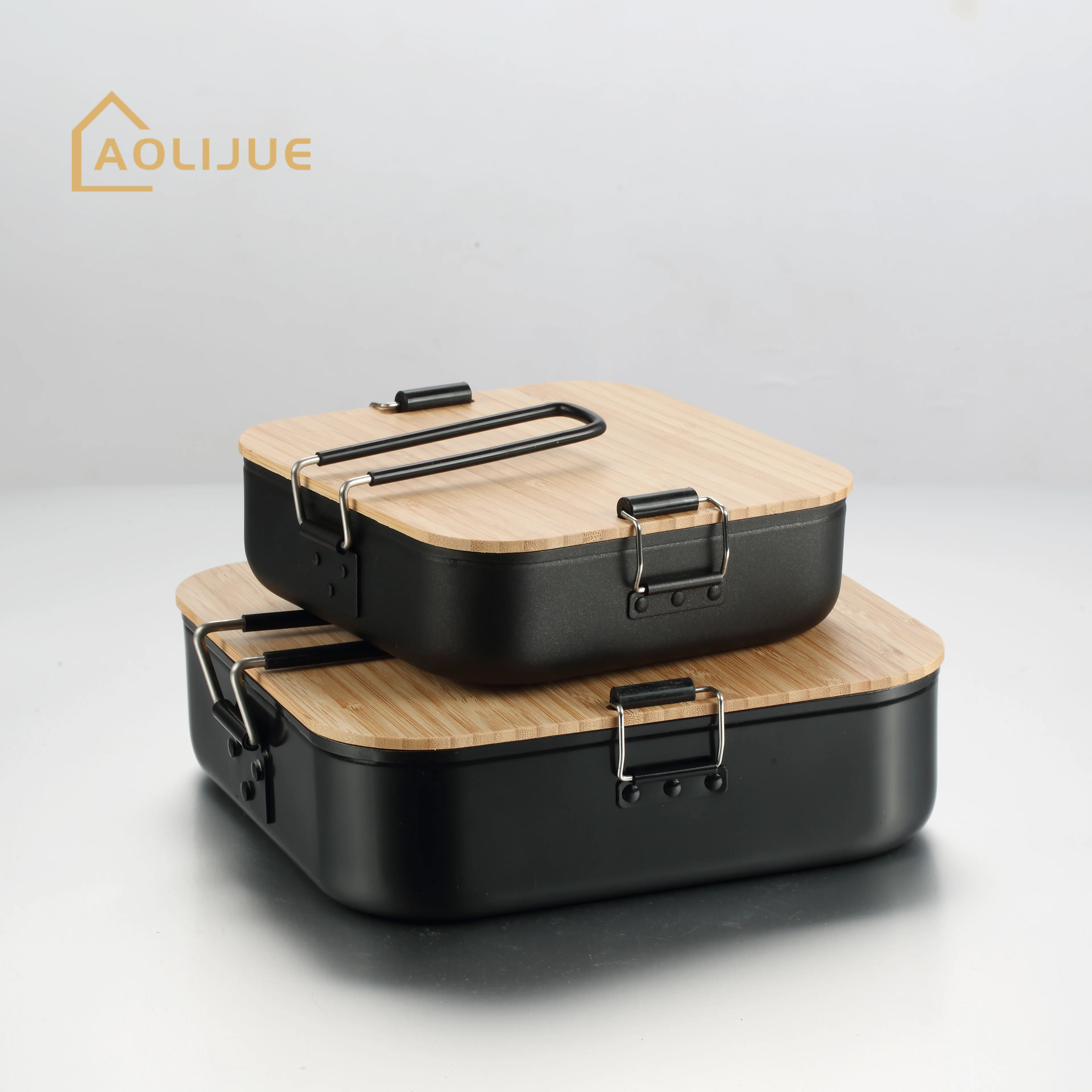 Outdoor camping picnic with handle bamboo lid aluminum lunch box non-stick coating multi-purpose portable lunch box