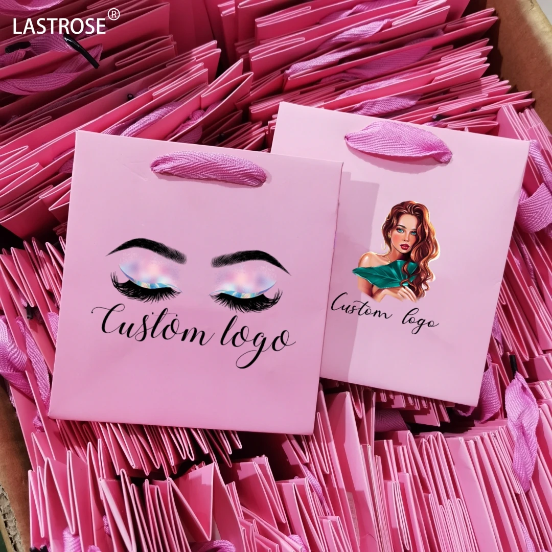 Wholesale Pink Luxury Eyelashes Packaging Paper Shopping Bag With Handle Private Label Empty Paper Gift Bags