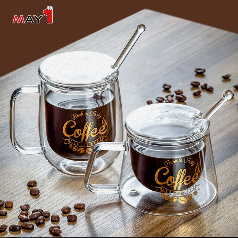 
decal work handmade borosilicate glass double wall espresso coffee cup 