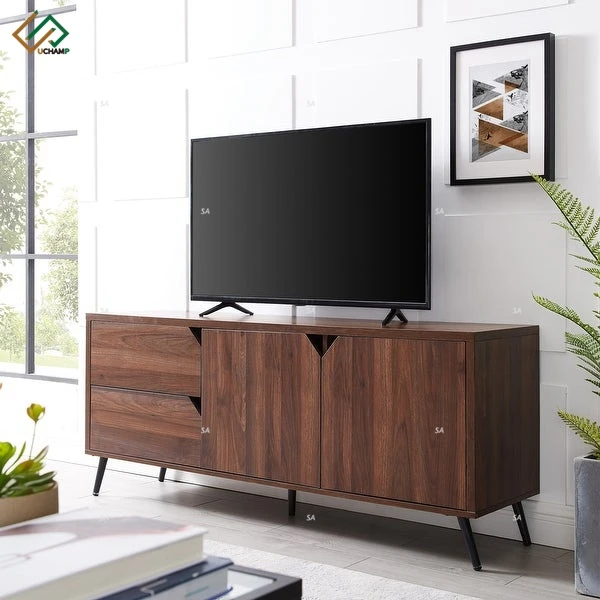 Japanese Recycled Pine Living Room Metal Legs Wooden TV Cabinet with 2 Doors and Glass Shelves