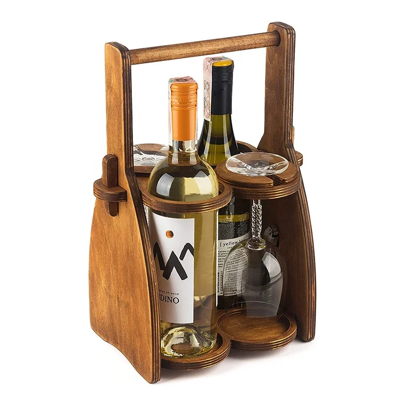 BSCI Factory Home Kitchen Bar Wooden Drink Caddy for Wine Bottles And Glasses Holder Bar Caddy BBQ Beer Carrier