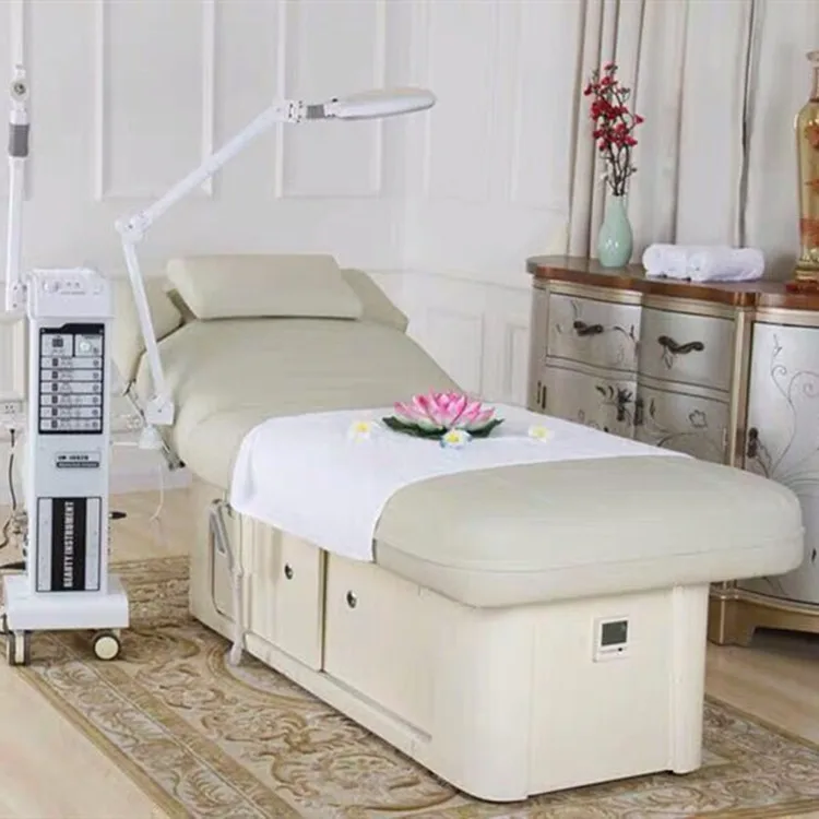 SPA Salon electric massage table wooden frame heated  adjustable beauty bed with  cabinet