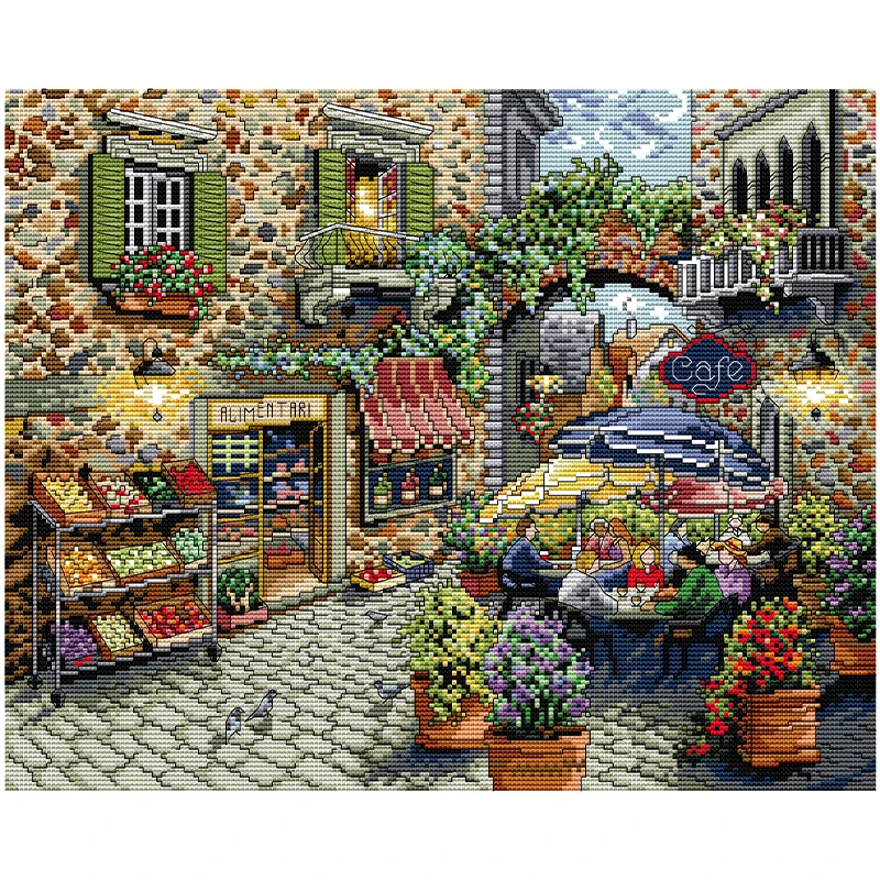 NKF Wholesale Needlework Folk Crafts Aida Cloth Coffee House Printed Cross Stitch Embroidery Set