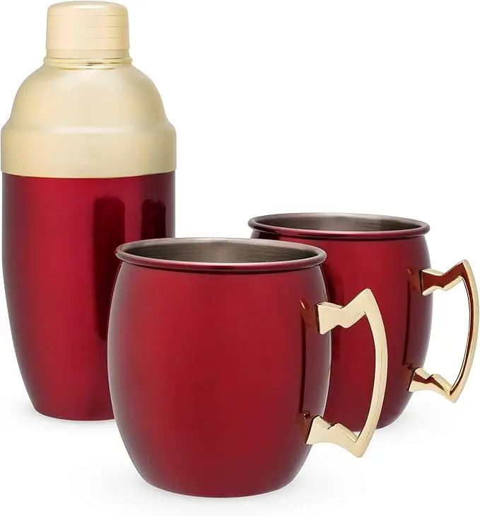 Red Moscow Mule Mug and Cocktail Shaker Gift Set Holiday Bar Gift Mule Moscow Mug Red Stainless Steel