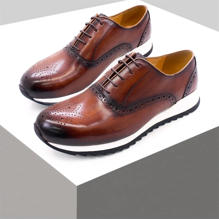 Premium High Quality Genuine Cow Leather Lace-UP Sneakers for Men Handmade Comfortable Casual Walking Style Men Shoes