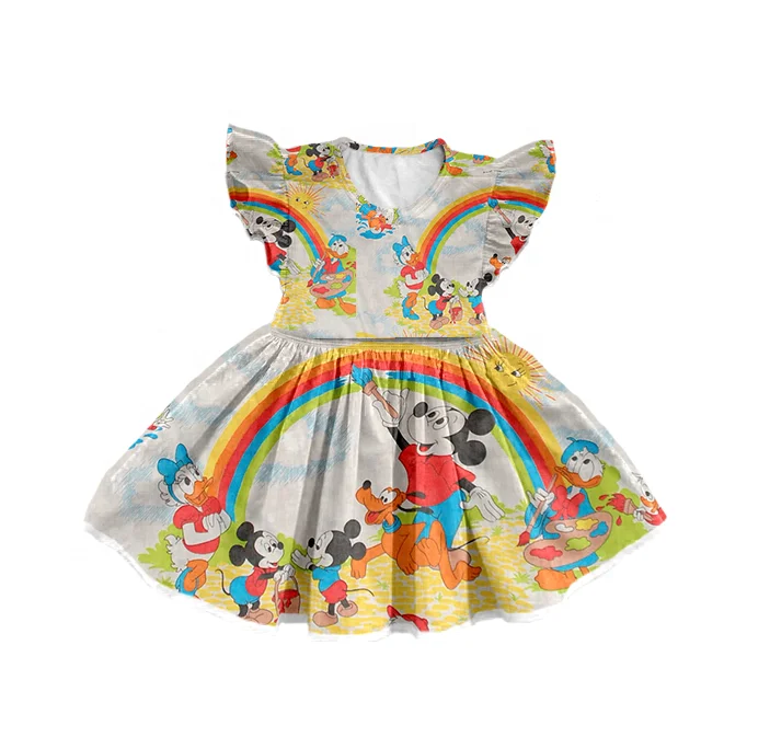 Boutique Wholesale Princess Mouse Pattern Rainbow Print Summer Girls Party Dress