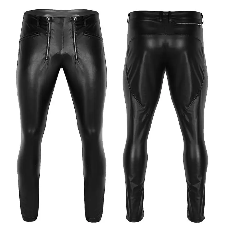 Custom Mens PU Leather Pants Leggings Zipper Pouch Tights Long Pants Trousers