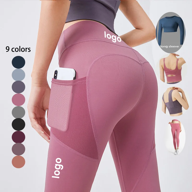 OEM New Sportswear Long Sleeve Top Pants Yoga Suit High Waist Peach Buttocks Seamless Leggings with Mesh Pocket Fitness Gym Set