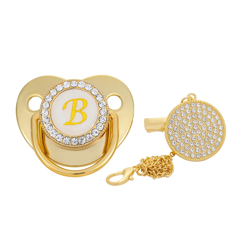 Custom High Quality 26 Letters Diamond Bling Gold  Bpa Free Food Grade Silicone Infant Nipple Pacifier