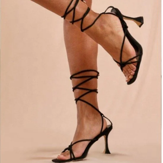 
Fashion Western Style Women pure color Lace up Sandals Shoes square open toe high kitten thin heels lifestyle women dress shoes 