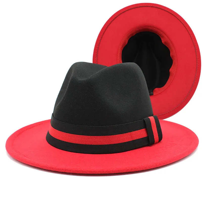 2022 New Design Wholesale Two Tone Women Men Panama Hat Vintage Wide Brim Jazz Hat Wool Felt Fedora Hats with Belt Buckle