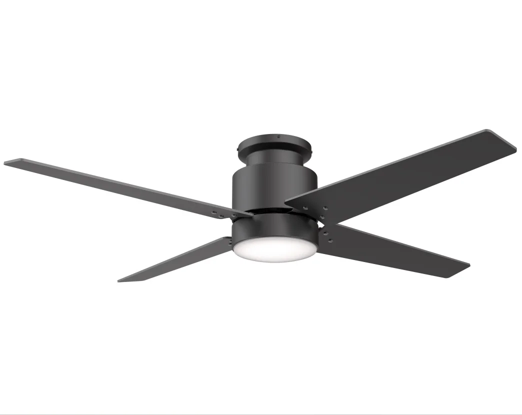 Flush Mount 4 Blades 52 Inch Ceiling Fan With Light Wall Control 120VAC 22W LED 3000K Non Dimmable Black Finish, 3 Speeds ETL