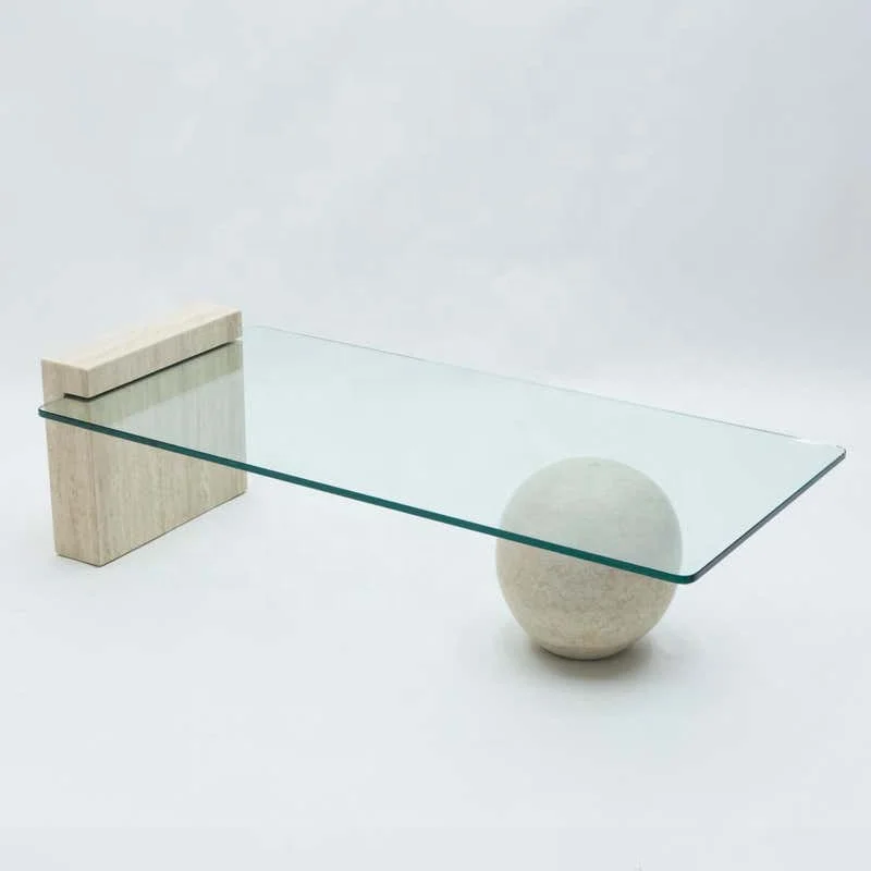 Italian minimalist natural stone tea table designer living room tempered glass small travertine coffee table