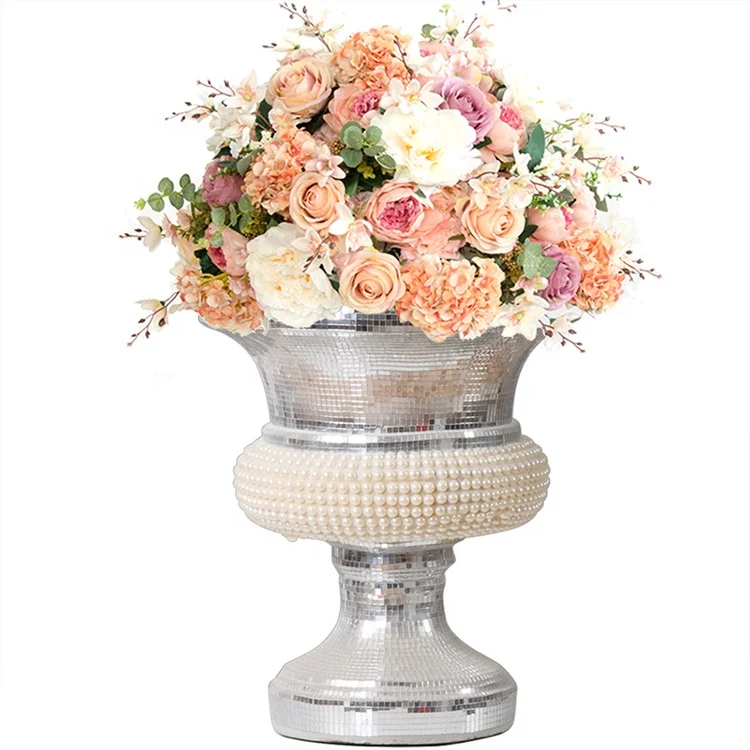 50cm to 40cm Luxury Silver Mirror Glass Pearl Dry Flower Arrangement Large Floor Vase For Living Room Decor