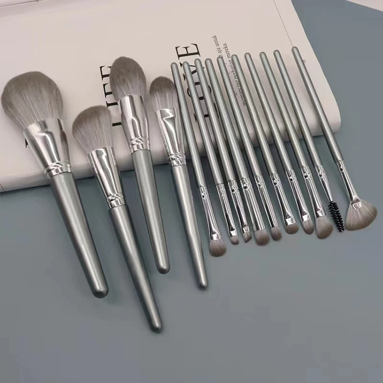wholesale private logo silver premium synthetic fiber 14 makeup brush set