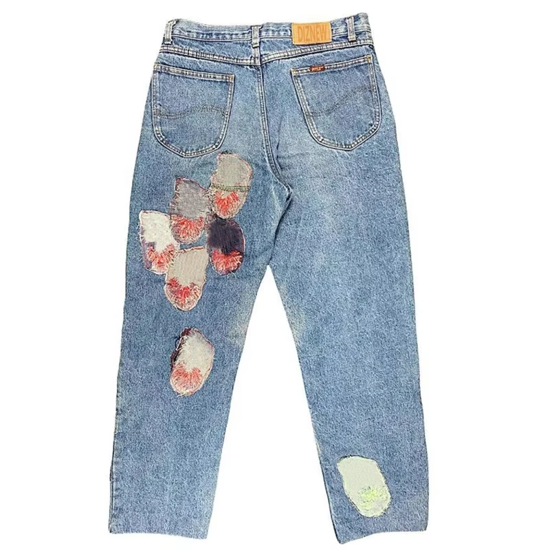Fashionable Customized  Patches Embroidery Loose Straight Light Blue  Baggy Straight   pants Loose long Wide Leg Jeans