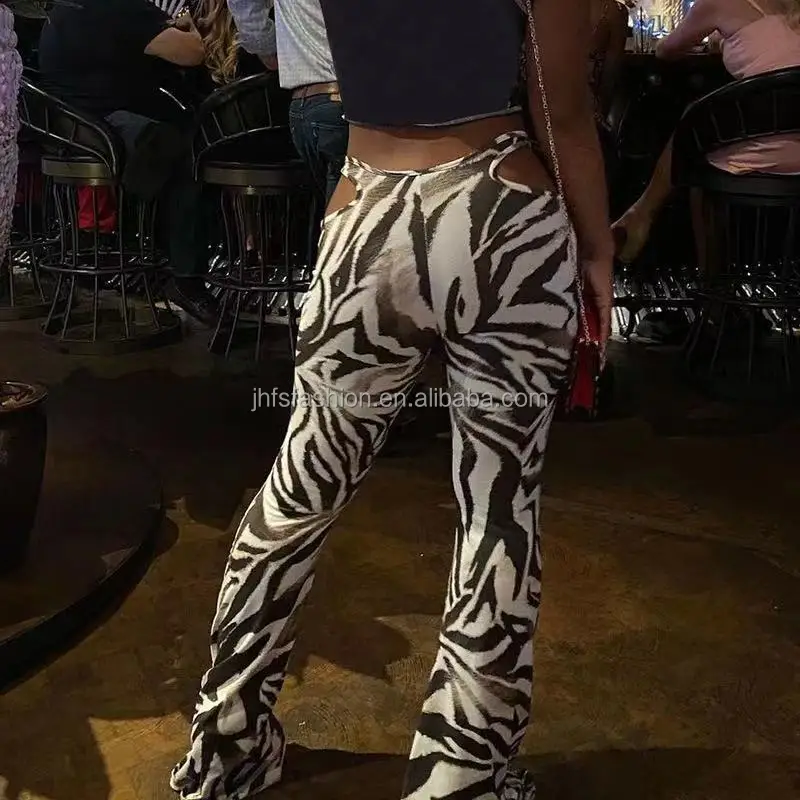 J&H fashion 2022 new arrivals sexy bikini strap cut out trousers zebra animal print stretchy wide leg pants trendy flare jeans