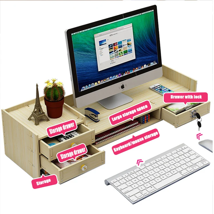 
Adjustable Wood Monitor Stand Riser with 3 Storage Drawers, Bamboo Monitor Riser for Computer, Laptop, Printer, Desk Organizer 
