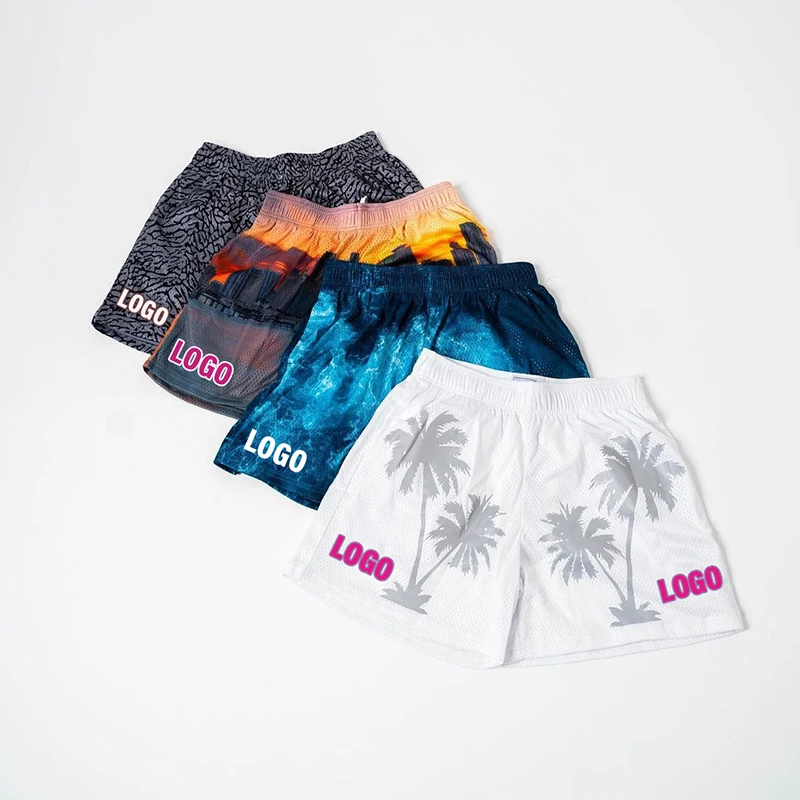 OEM Custom Logo For Men All Over Print Sublimation Polyester Jogger Casual Double Layer Mesh Shorts