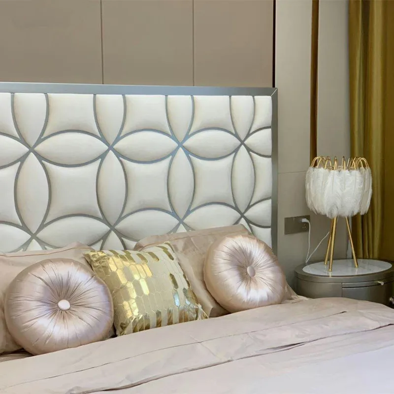 Custom Italy Luxury Homey Modern Coin Design Champaign Gold Leather Headboard Bed Frame