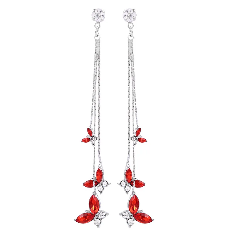 925 Silver Crystal Butterfly Earrings Long Tassel Earrings for Women