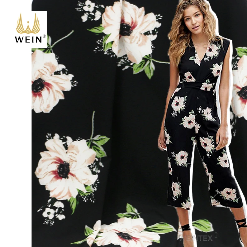 
WI-D04 New fashion polyester stretch black flower printing fabric for ladies dress 