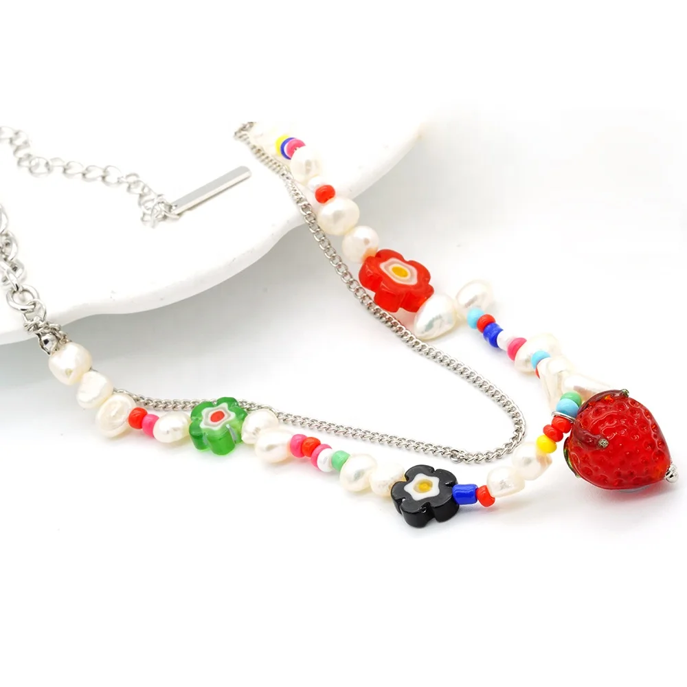 Pearl Flower Necklace, Multicolored And Flower Bead Necklace Boho