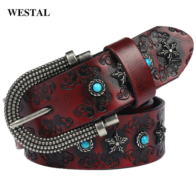 Westal Retro Waist Belts Women Ladies Butterfly Embossed Pin Buckle Leather Womens Belts for Jeans Luxury Belts for Women