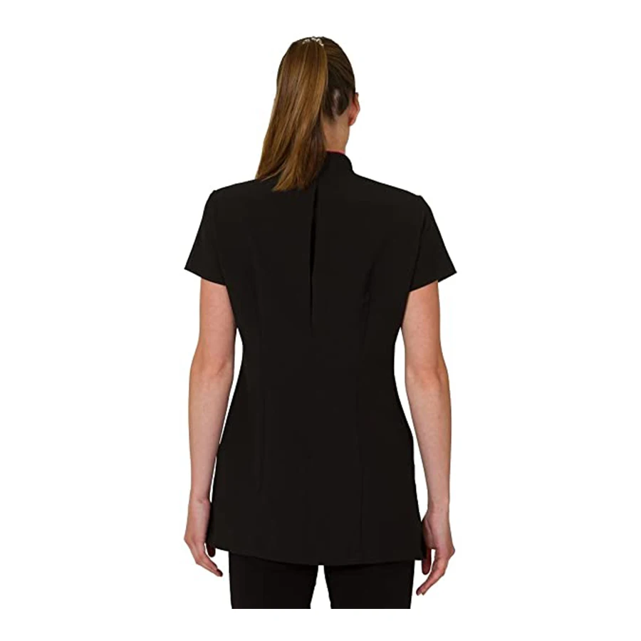 Contrast Trim Signature Button Beauty Tunic - Hairdressing Massage Therapist Spa Health Work Nail Salon Uniform Casual Woven