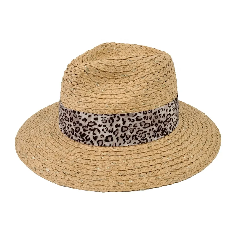 Новая распродажа, дешевая Повседневная Панамская соломенная шляпа с лентой с леопардовым принтом, дышащая бумажная соломенная шляпа
