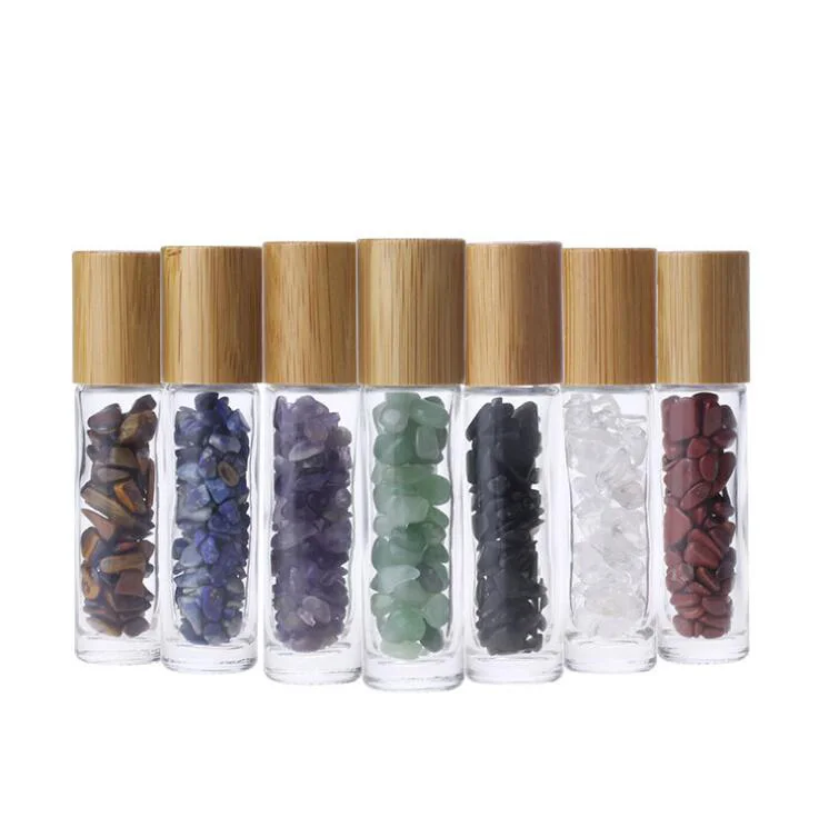 
10ml roll on bottle with gemstone rollerball crystal chips inside glass roller bottles essential oil sample bottles bamboo lids 