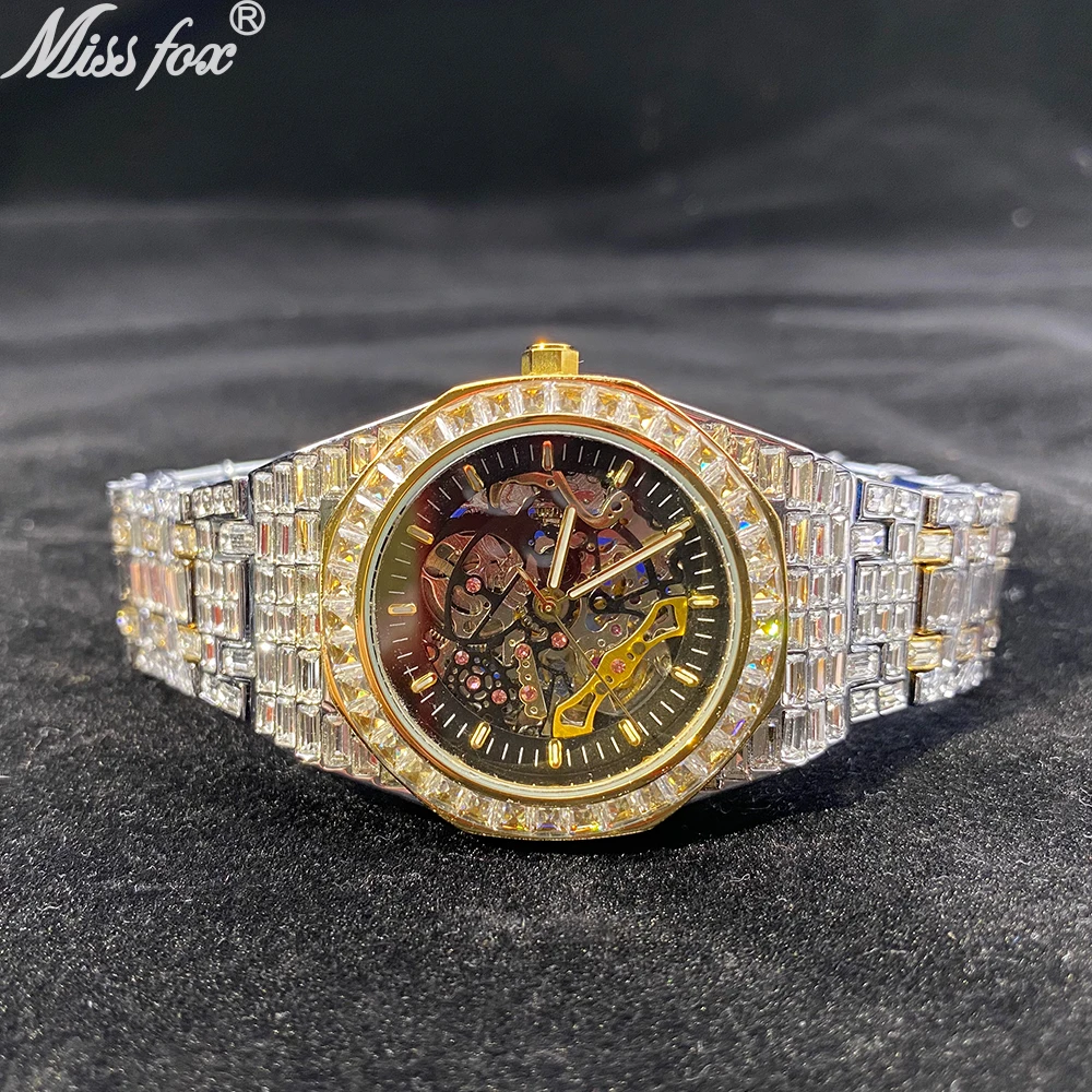 New Luxury MISS FOX Brand Gold Hollow Automatic Mechanical Watches Men Iced Out Moissanite Fashion Watch Waterproof Clock