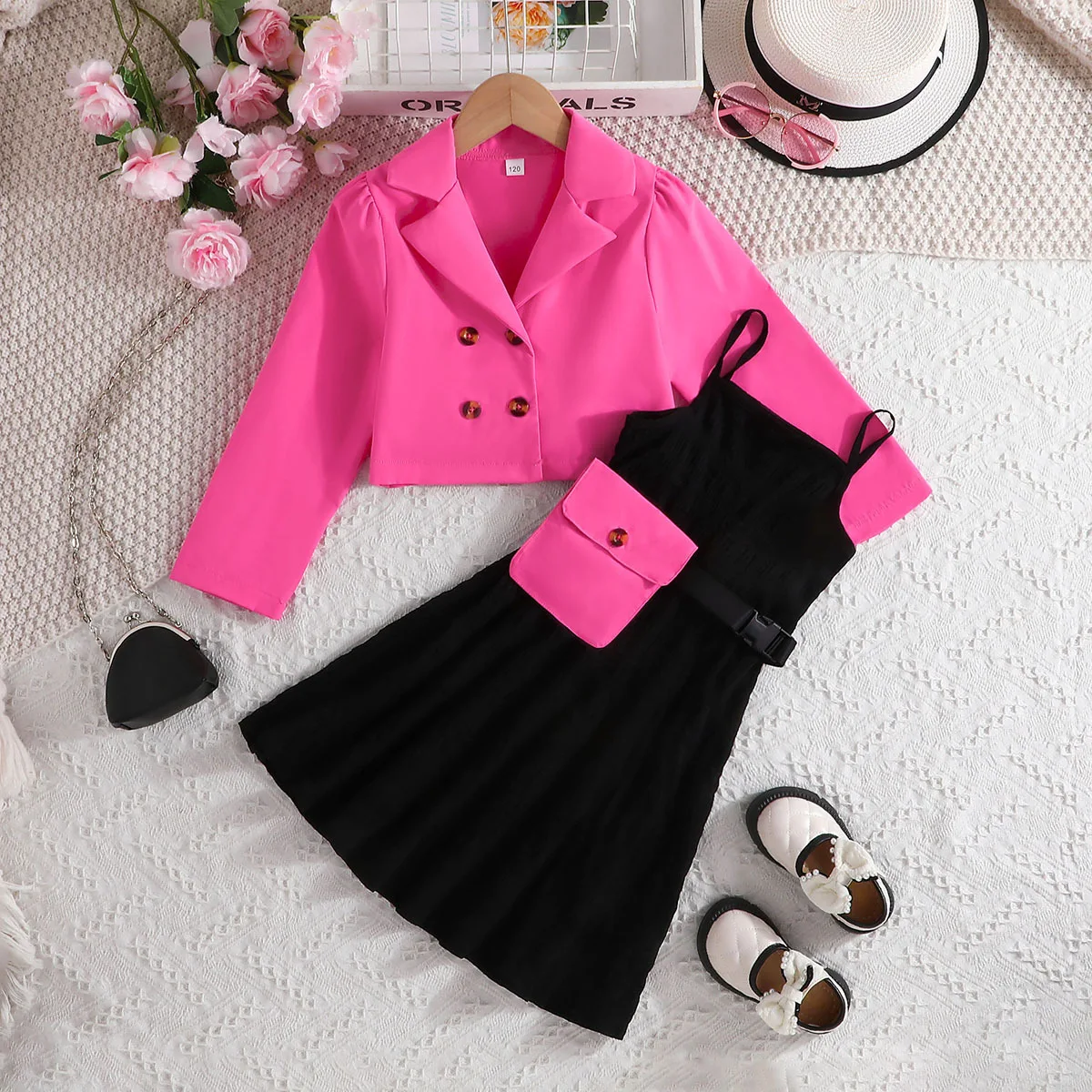 Conyson Latest Fashion korea Kids three pieces clothing suit jacket Dress wholesale solid color Girl summer clothes Set with bag