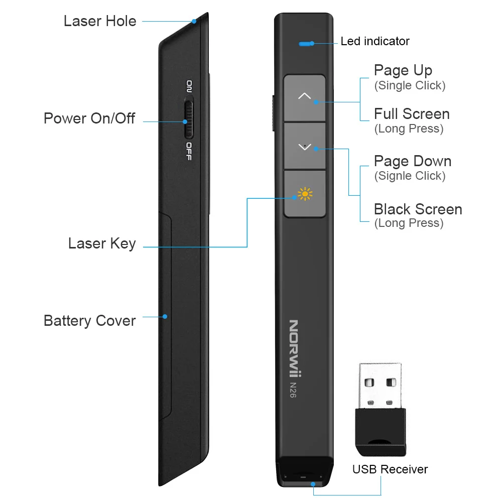 N26 Presenter Portable Laser Pointer for Presentation Clicker with White and Black Color